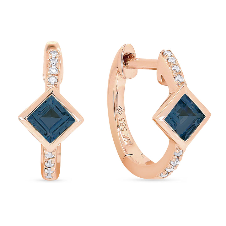 Beautiful Hand Crafted 14K Rose Gold 3MM London Blue Topaz And Diamond Essentials Collection Hoop Earrings With A Hoop Closure