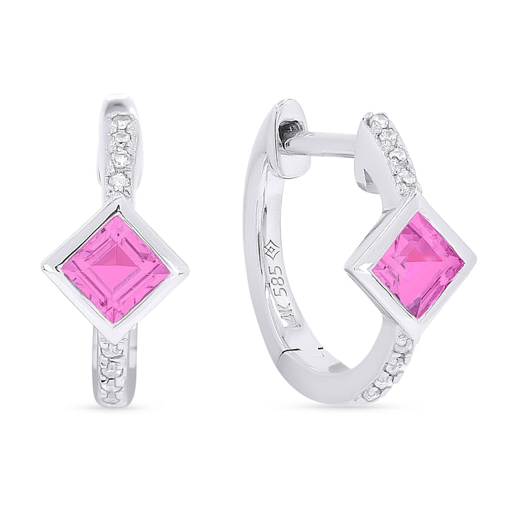 Beautiful Hand Crafted 14K White Gold 3MM Created Pink Sapphire And Diamond Essentials Collection Hoop Earrings With A Hoop Closure