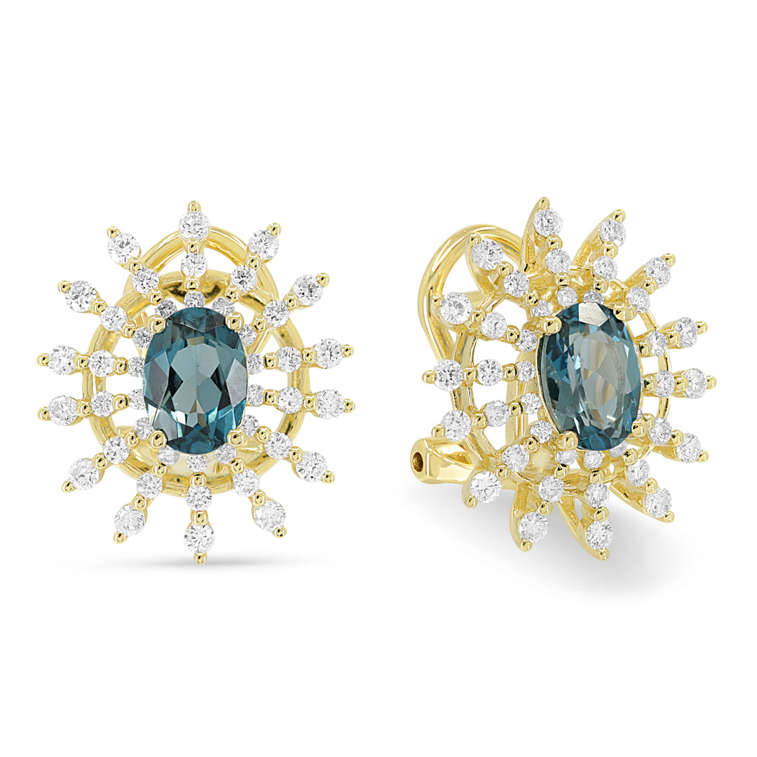 Beautiful Hand Crafted 14K Yellow Gold  London Blue Topaz And Diamond Eclectica Collection Stud Earrings With A Omega Back Closure