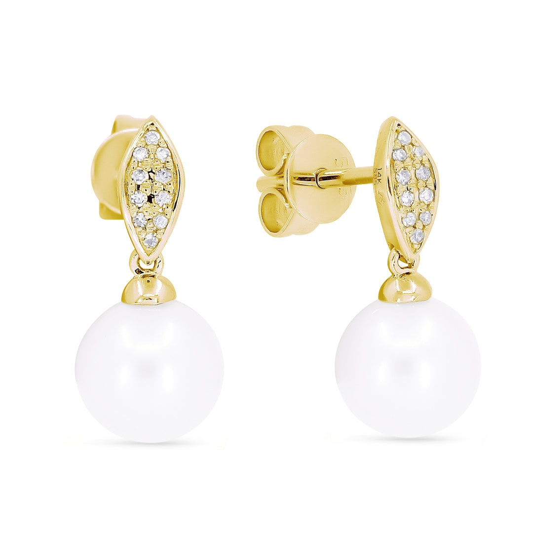 Beautiful Hand Crafted 14K Yellow Gold 8MM Pearl And Diamond Essentials Collection Drop Dangle Earrings With A Push Back Closure