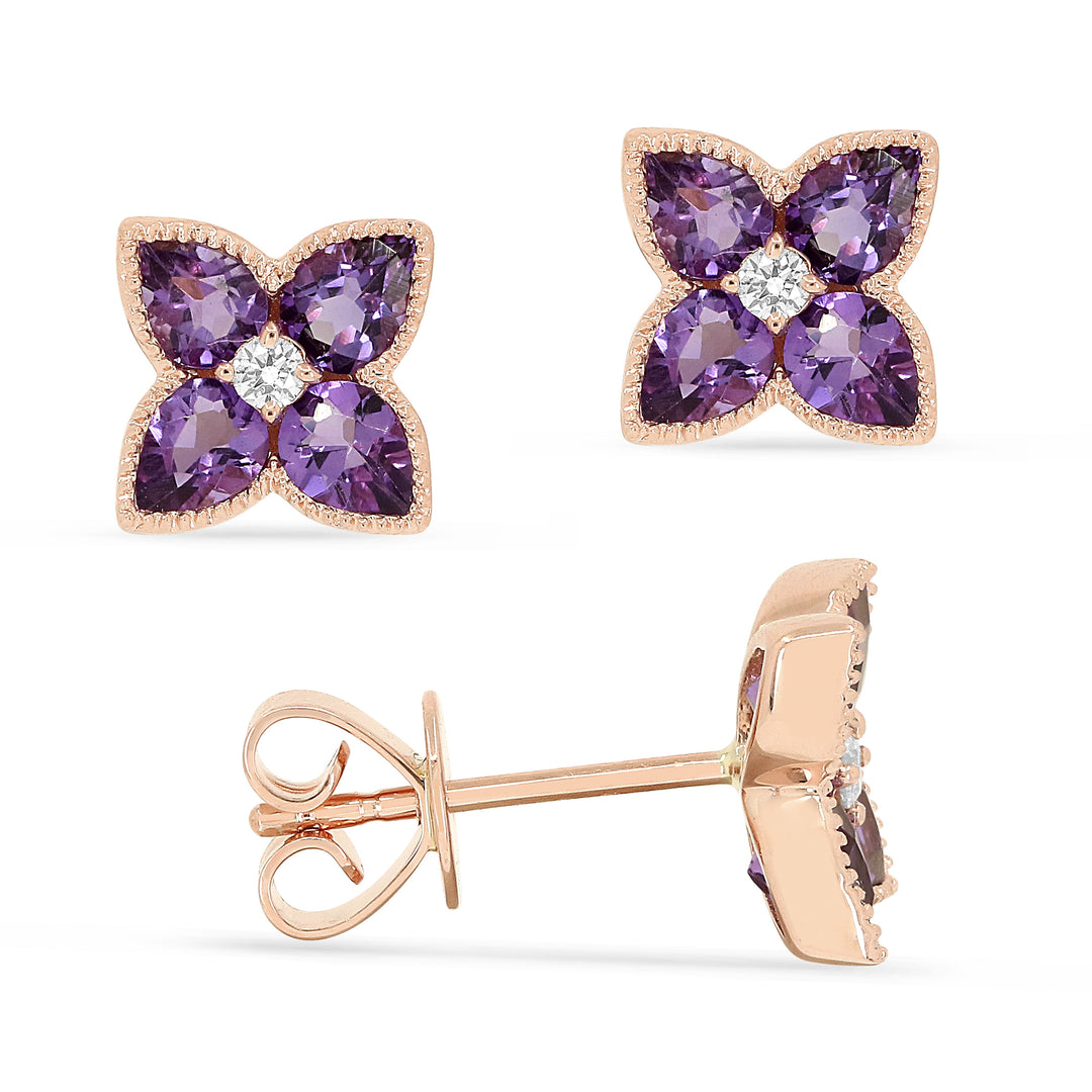 Beautiful Hand Crafted 14K Rose Gold 3x4MM Amethyst And Diamond Eclectica Collection Stud Earrings With A Push Back Closure