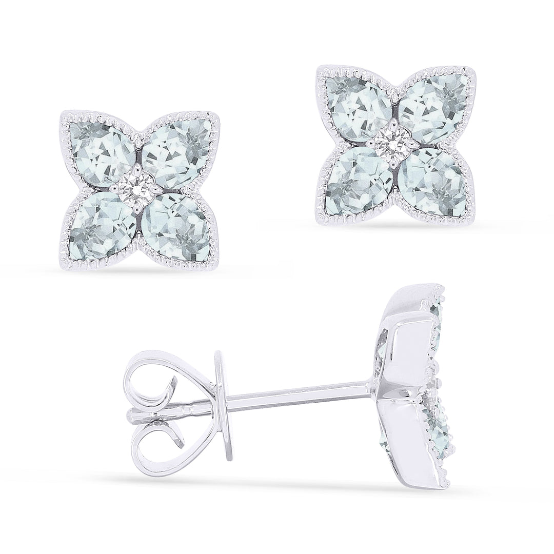 Beautiful Hand Crafted 14K White Gold 3x4MM Aquamarine And Diamond Eclectica Collection Stud Earrings With A Push Back Closure