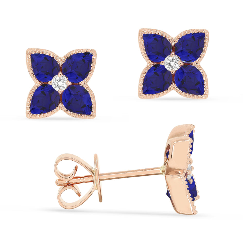 Beautiful Hand Crafted 14K Rose Gold 3x4MM Created Sapphire And Diamond Eclectica Collection Stud Earrings With A Push Back Closure