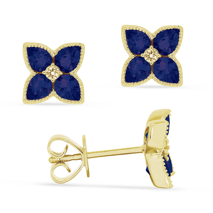 Beautiful Hand Crafted 14K Yellow Gold 3x4MM Created Sapphire And Diamond Eclectica Collection Stud Earrings With A Push Back Closure