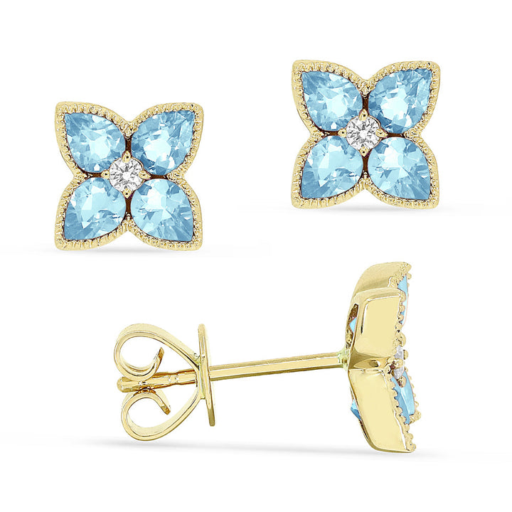 Beautiful Hand Crafted 14K Yellow Gold 3x4MM Blue Topaz And Diamond Eclectica Collection Stud Earrings With A Push Back Closure