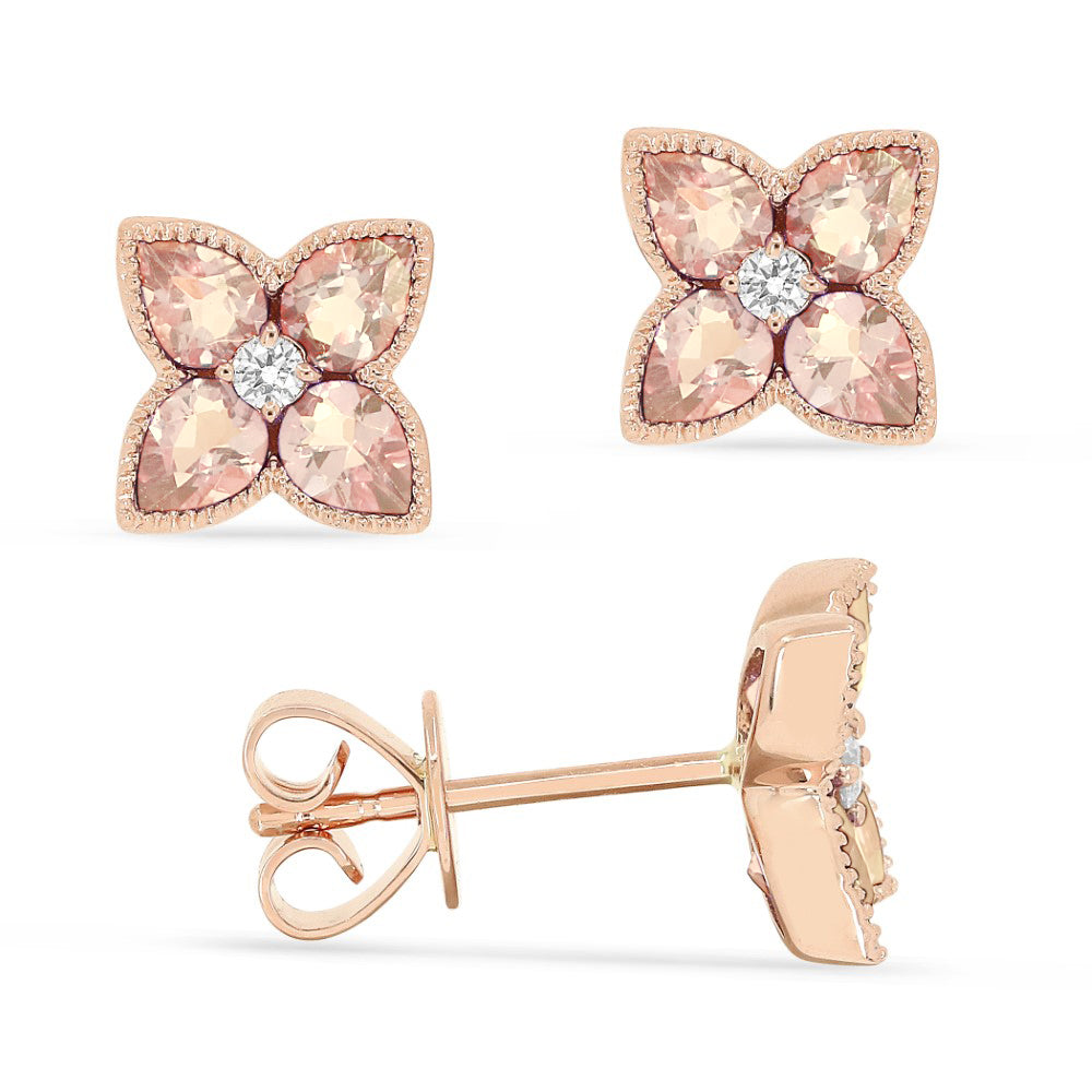 Beautiful Hand Crafted 14K Rose Gold 3x4MM Created Morganite And Diamond Eclectica Collection Stud Earrings With A Push Back Closure