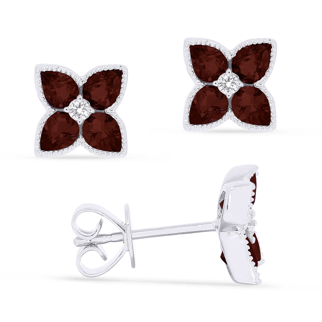 Beautiful Hand Crafted 14K White Gold 3x4MM Garnet And Diamond Eclectica Collection Stud Earrings With A Push Back Closure