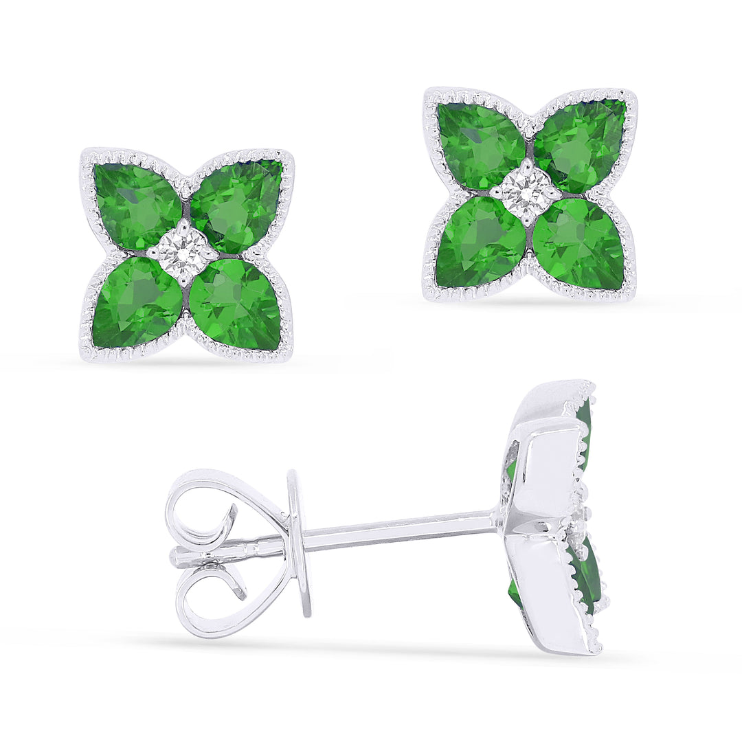 Beautiful Hand Crafted 14K White Gold 3x4MM Created Emerald And Diamond Eclectica Collection Stud Earrings With A Push Back Closure