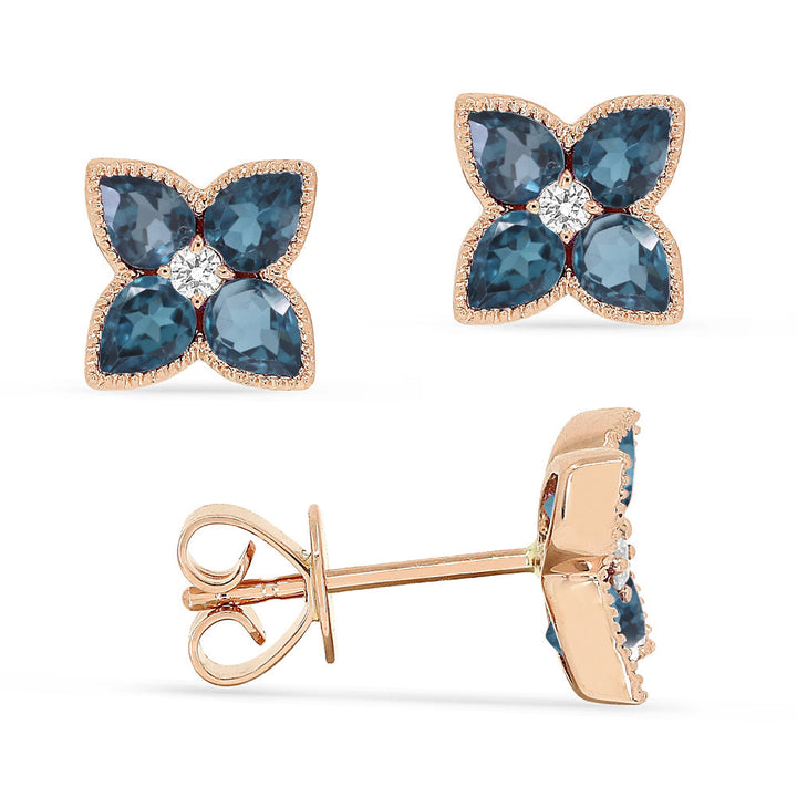 Beautiful Hand Crafted 14K Rose Gold 3x4MM London Blue Topaz And Diamond Eclectica Collection Stud Earrings With A Push Back Closure