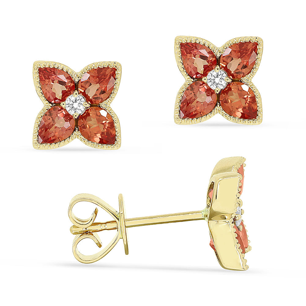 Beautiful Hand Crafted 14K Yellow Gold 3x4MM Created Padparadscha And Diamond Eclectica Collection Stud Earrings With A Push Back Closure