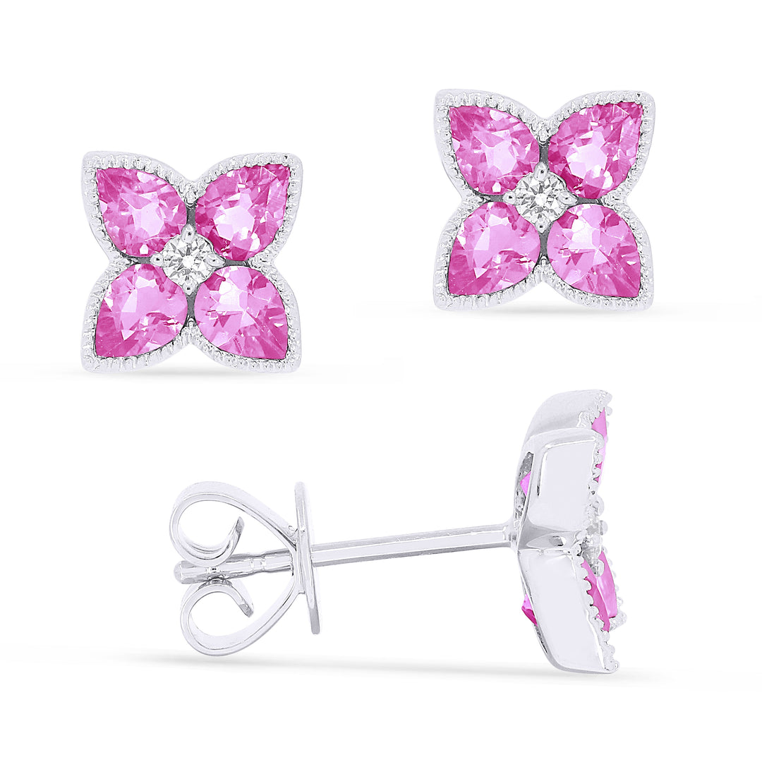 Beautiful Hand Crafted 14K White Gold 3x4MM Created Pink Sapphire And Diamond Eclectica Collection Stud Earrings With A Push Back Closure