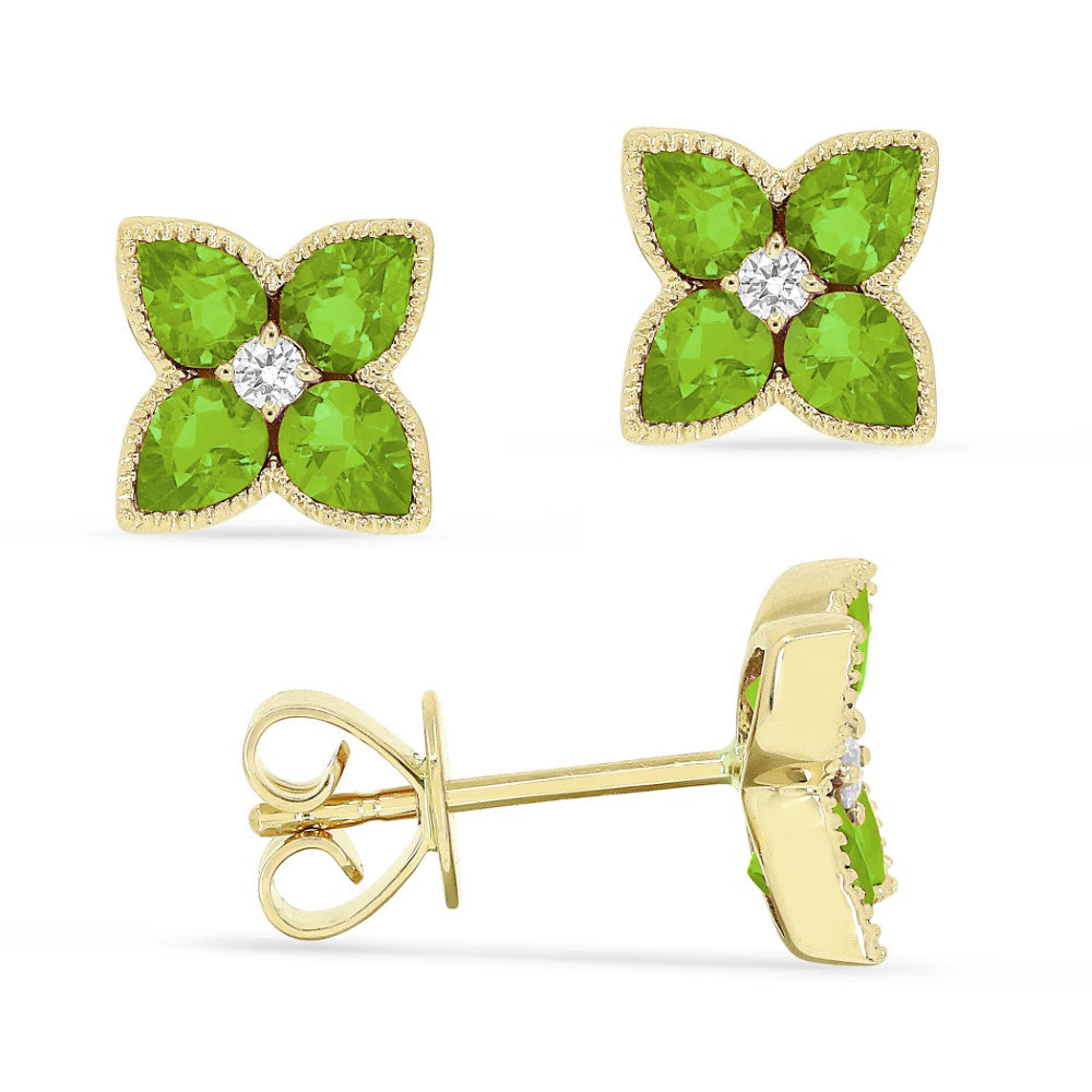 Beautiful Hand Crafted 14K Yellow Gold 3x4MM Peridot And Diamond Eclectica Collection Stud Earrings With A Push Back Closure