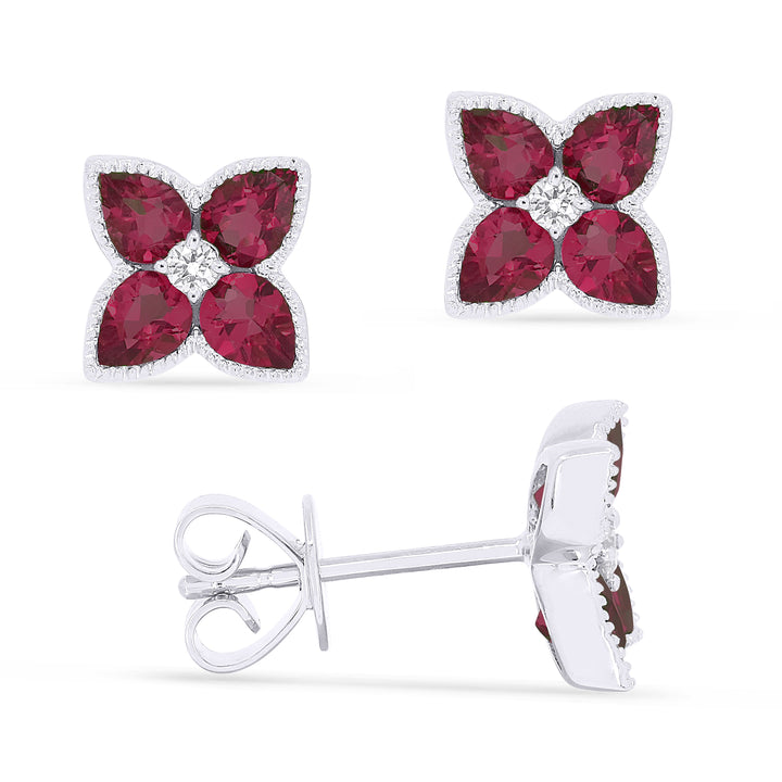 Beautiful Hand Crafted 14K White Gold 3x4MM Created Ruby And Diamond Eclectica Collection Stud Earrings With A Push Back Closure