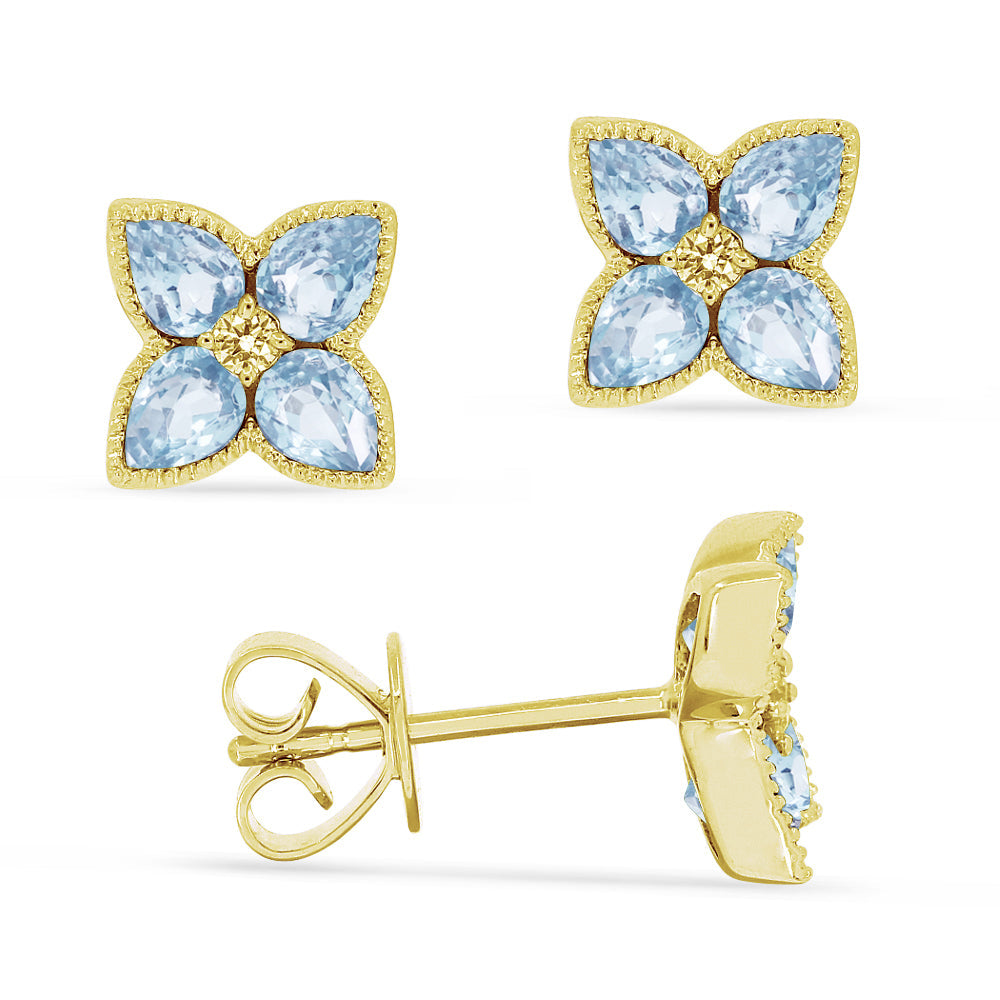 Beautiful Hand Crafted 14K Yellow Gold 3x4MM Swiss Blue Topaz And Diamond Eclectica Collection Stud Earrings With A Push Back Closure