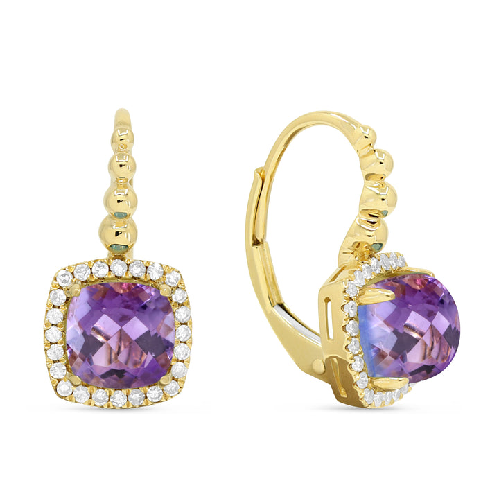 Beautiful Hand Crafted 14K Yellow Gold 6MM Amethyst And Diamond Essentials Collection Drop Dangle Earrings With A Lever Back Closure