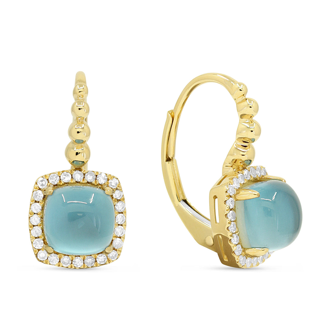 Beautiful Hand Crafted 14K Yellow Gold 6MM Blue Topaz & Mother Of Pearl And Diamond Essentials Collection Drop Dangle Earrings With A Lever Back Closure
