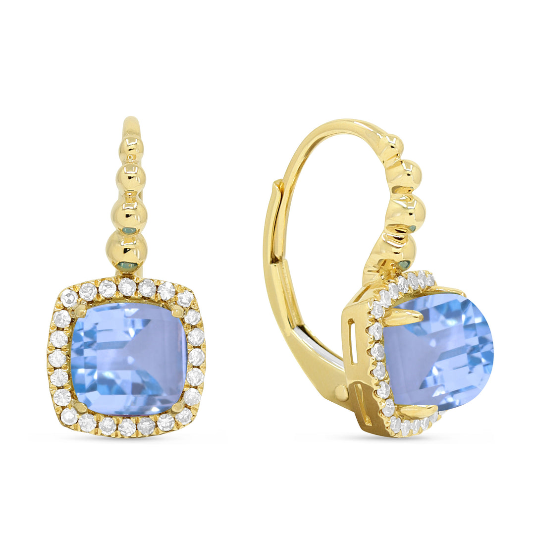 Beautiful Hand Crafted 14K Yellow Gold 6MM Blue Topaz And Diamond Essentials Collection Drop Dangle Earrings With A Lever Back Closure