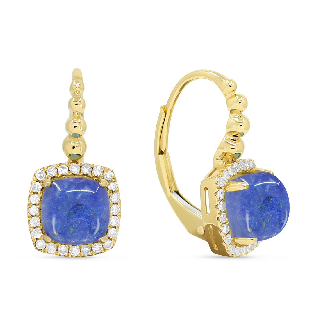 Beautiful Hand Crafted 14K Yellow Gold 6MM Lapis Lazuli And Diamond Essentials Collection Drop Dangle Earrings With A Lever Back Closure
