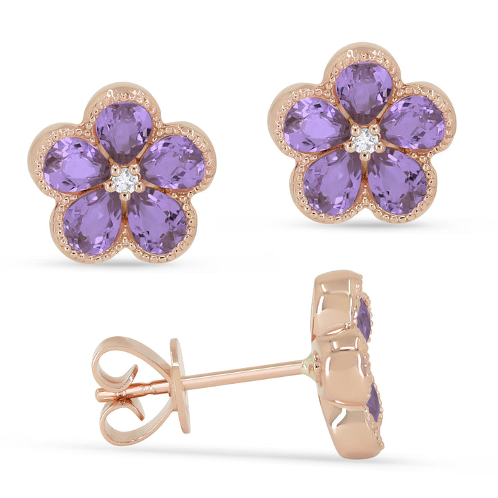 Beautiful Hand Crafted 14K Rose Gold 3x4MM Amethyst And Diamond Essentials Collection Stud Earrings With A Push Back Closure