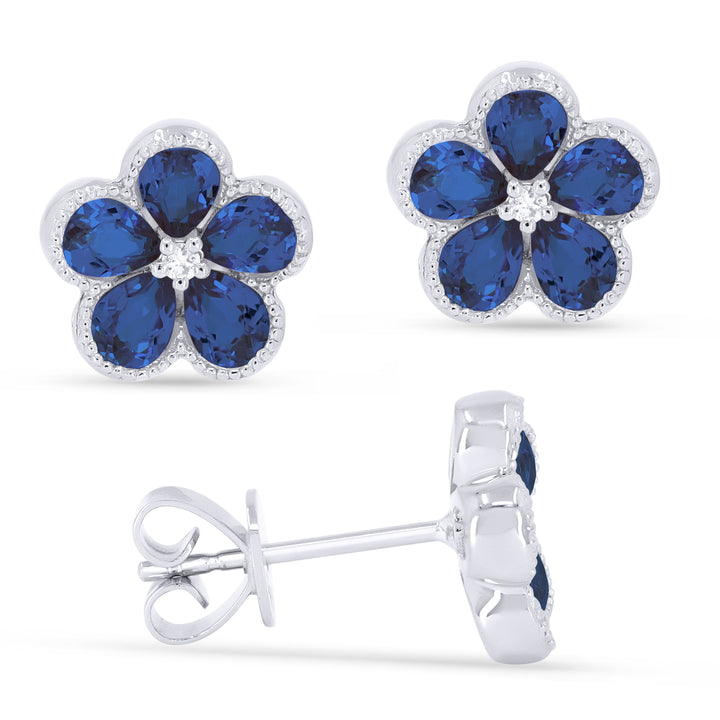 Beautiful Hand Crafted 14K White Gold 3x4MM Created Sapphire And Diamond Essentials Collection Stud Earrings With A Push Back Closure