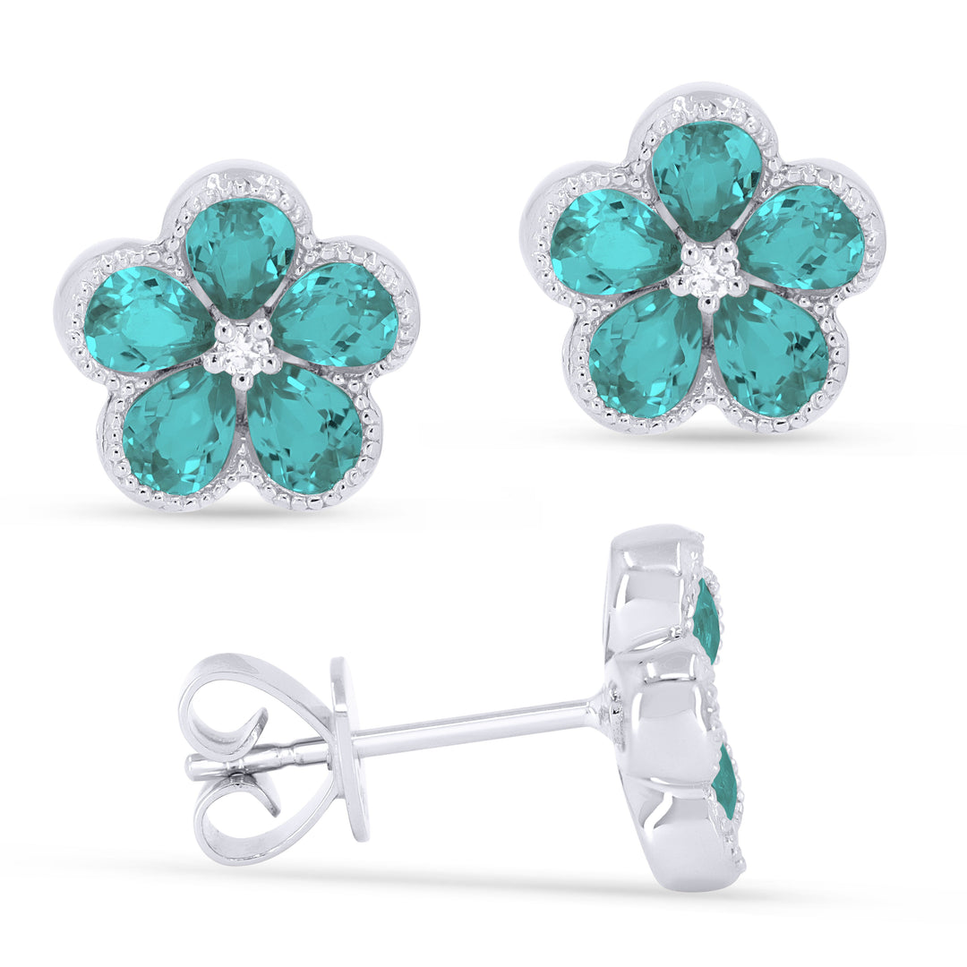 Beautiful Hand Crafted 14K White Gold 3x4MM Created Tourmaline Paraiba And Diamond Essentials Collection Stud Earrings With A Push Back Closure