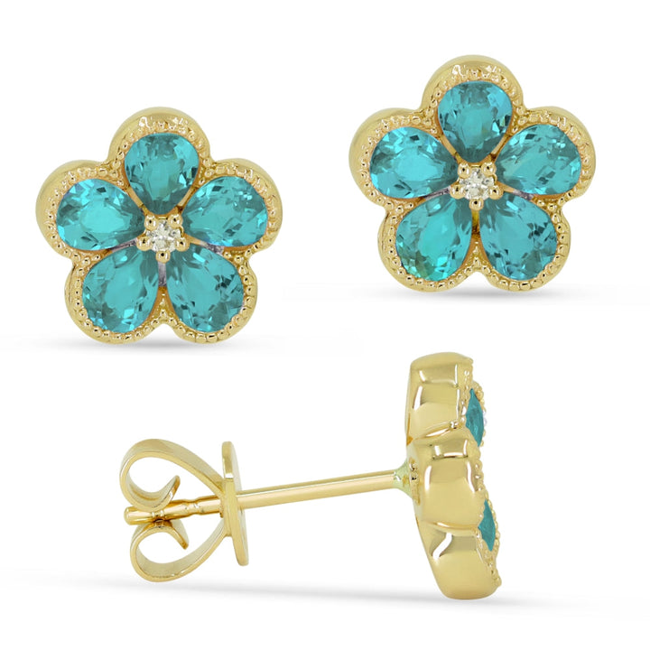 Beautiful Hand Crafted 14K Yellow Gold 3x4MM Created Tourmaline Paraiba And Diamond Essentials Collection Stud Earrings With A Push Back Closure