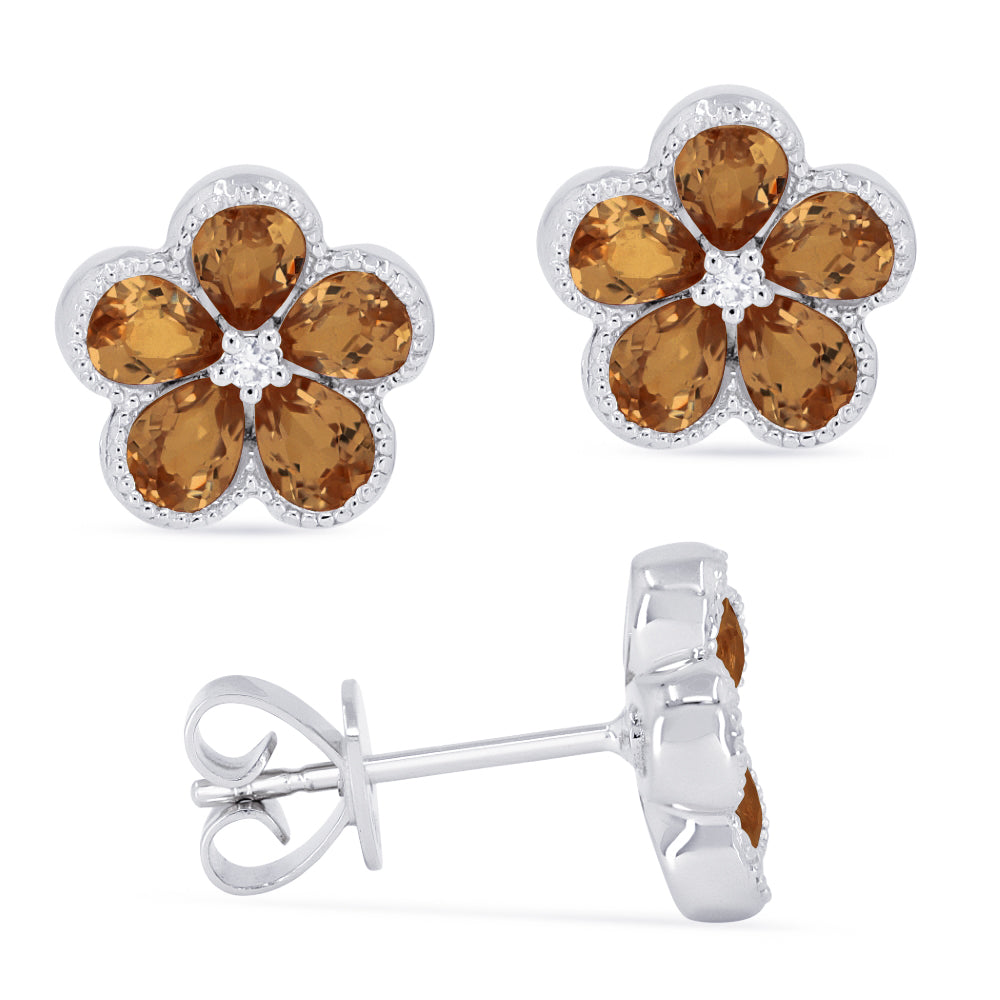 Beautiful Hand Crafted 14K White Gold 3x4MM Citrine And Diamond Essentials Collection Stud Earrings With A Push Back Closure