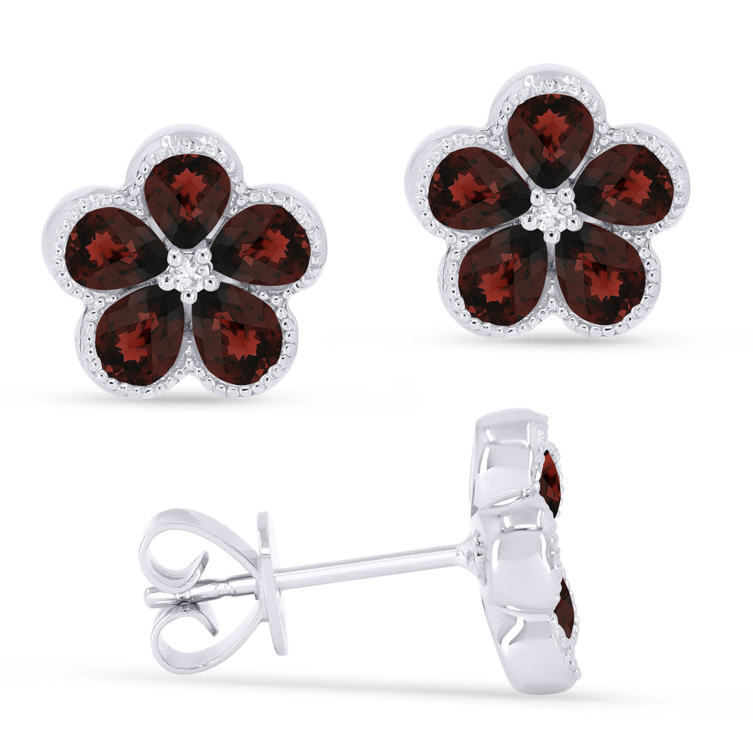 Beautiful Hand Crafted 14K White Gold 3x4MM Garnet And Diamond Essentials Collection Stud Earrings With A Push Back Closure