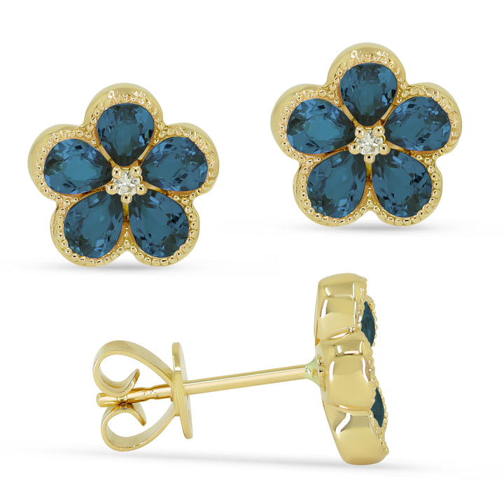 Beautiful Hand Crafted 14K Yellow Gold 3x4MM London Blue Topaz And Diamond Essentials Collection Stud Earrings With A Push Back Closure