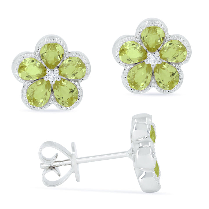 Beautiful Hand Crafted 14K White Gold 3x4MM Peridot And Diamond Essentials Collection Stud Earrings With A Push Back Closure