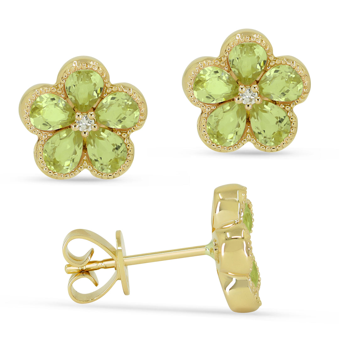 Beautiful Hand Crafted 14K Yellow Gold 3x4MM Peridot And Diamond Essentials Collection Stud Earrings With A Push Back Closure
