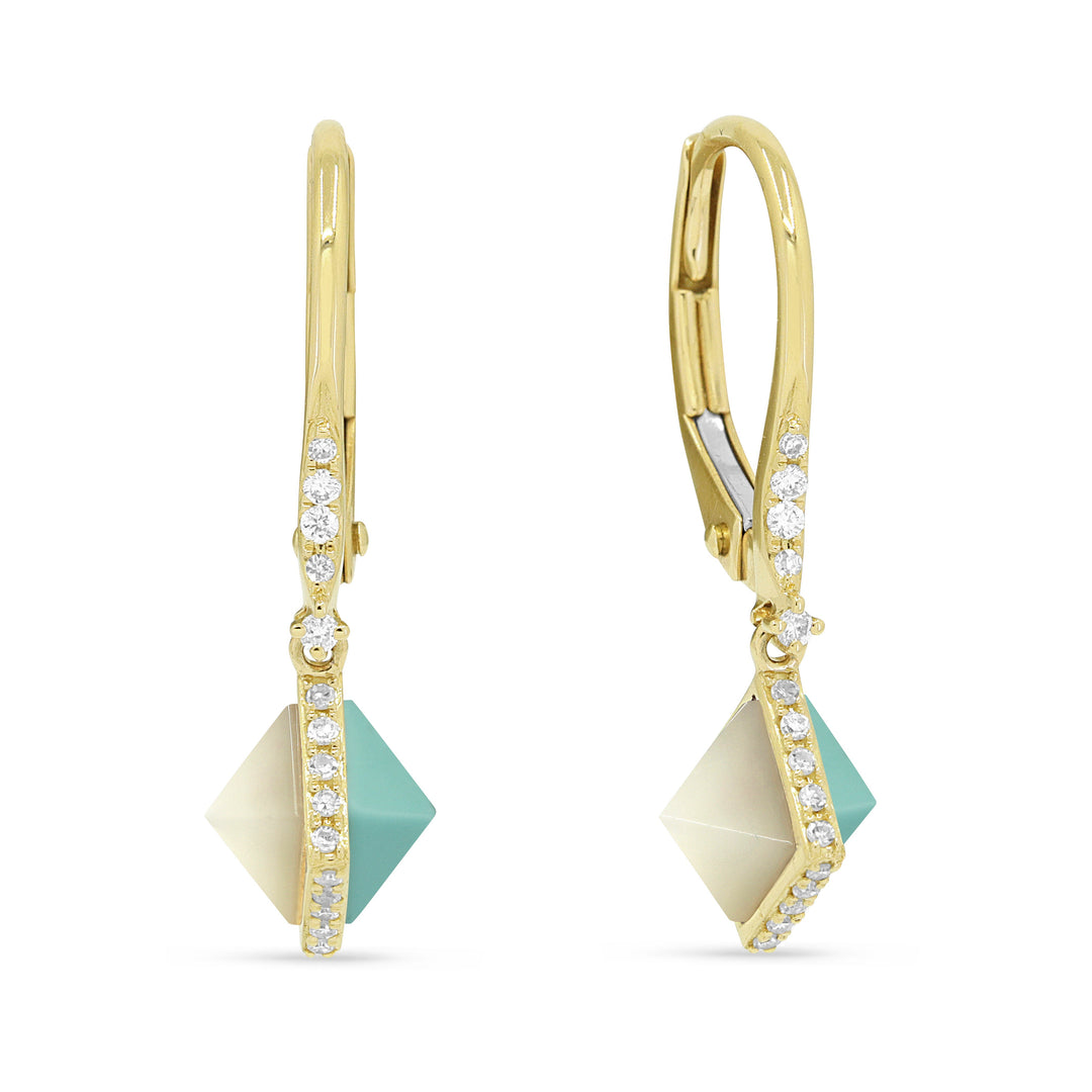 Beautiful Hand Crafted 14K Yellow Gold 21MM Mother Of Pearl And Diamond Milano Collection Drop Dangle Earrings With A Lever Back Closure