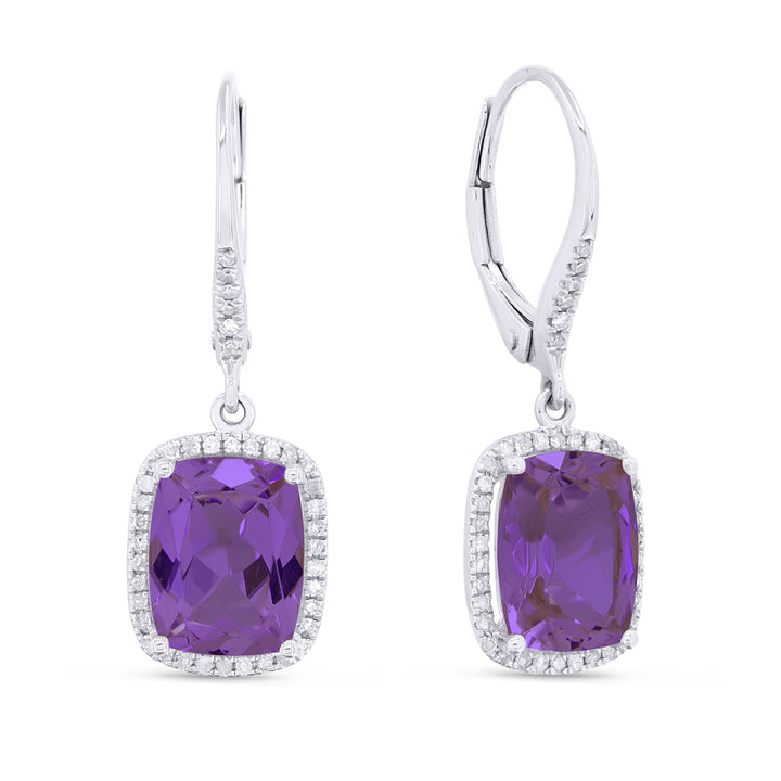Beautiful Hand Crafted 14K White Gold 7x9MM Amethyst And Diamond Essentials Collection Drop Dangle Earrings With A Lever Back Closure