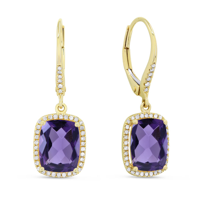 Beautiful Hand Crafted 14K Yellow Gold 7x9MM Amethyst And Diamond Essentials Collection Drop Dangle Earrings With A Lever Back Closure