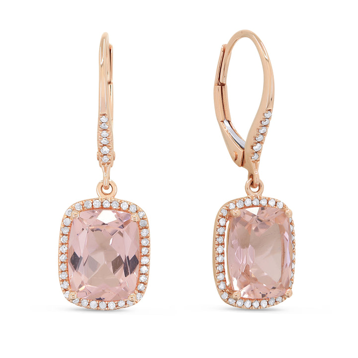 Beautiful Hand Crafted 14K Rose Gold 7x9MM Created Morganite And Diamond Essentials Collection Drop Dangle Earrings With A Lever Back Closure