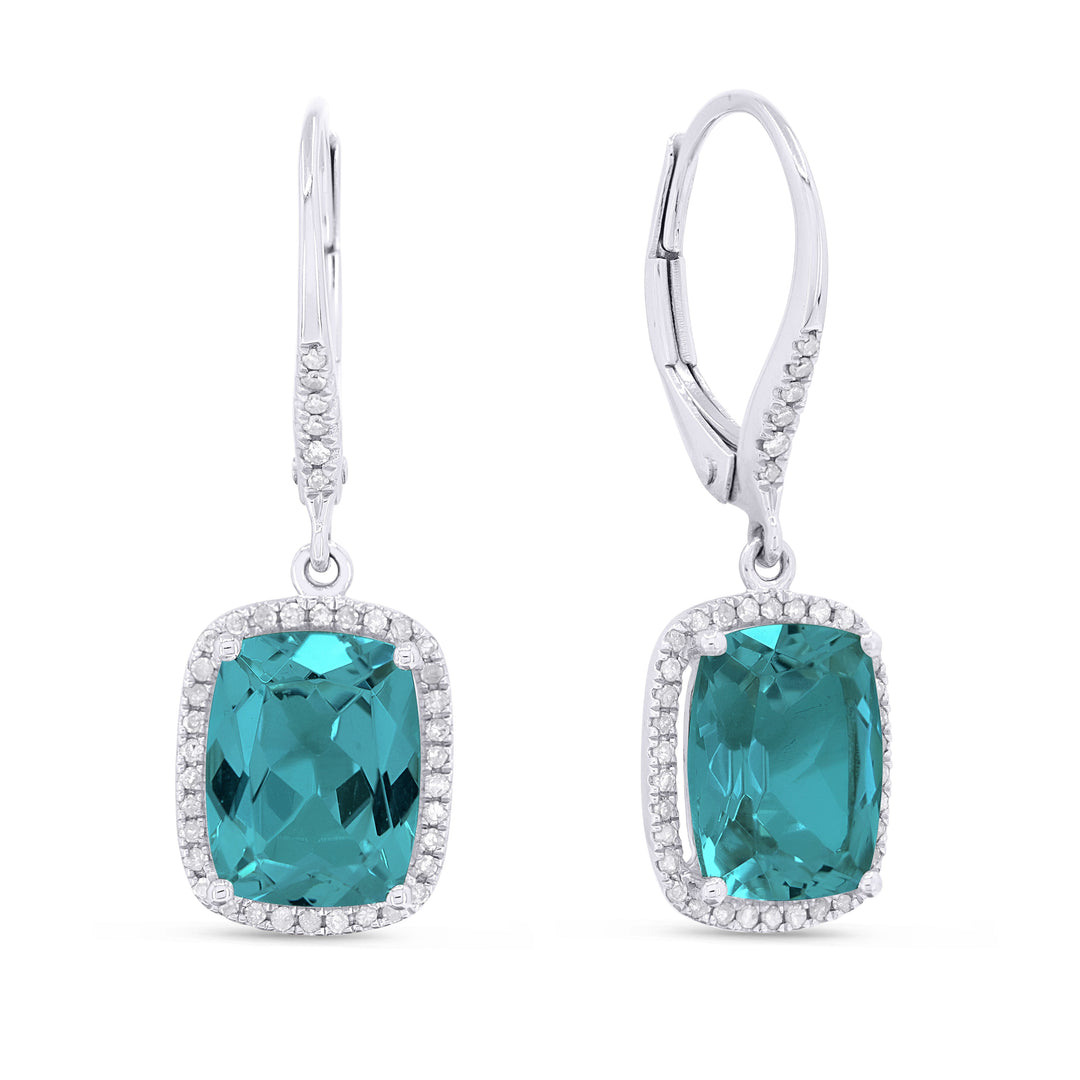 Beautiful Hand Crafted 14K White Gold 7x9MM Created Tourmaline Paraiba And Diamond Essentials Collection Drop Dangle Earrings With A Lever Back Closure
