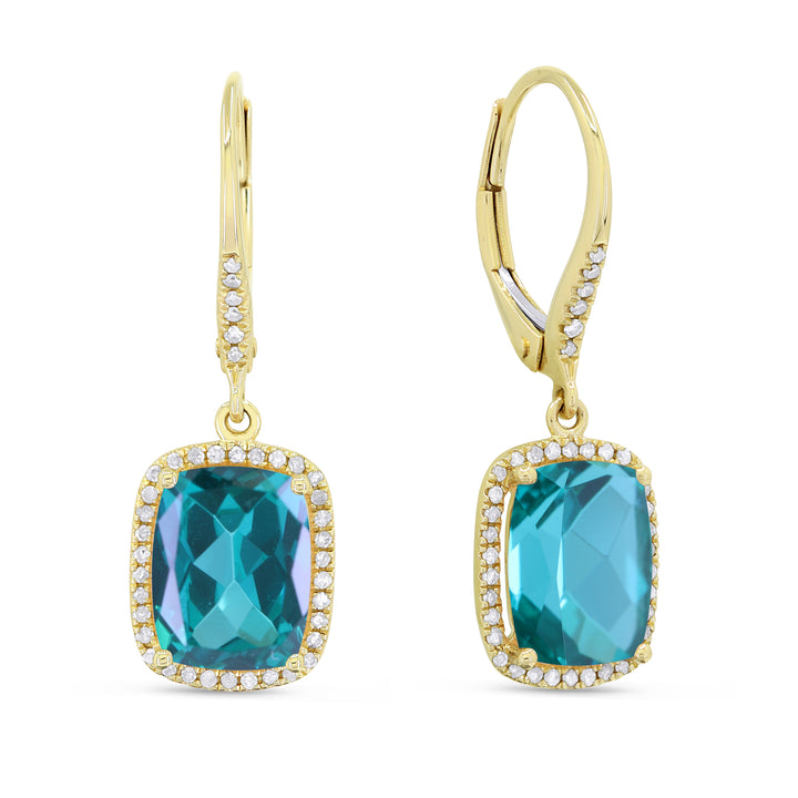 Beautiful Hand Crafted 14K Yellow Gold 7x9MM Created Tourmaline Paraiba And Diamond Essentials Collection Drop Dangle Earrings With A Lever Back Closure