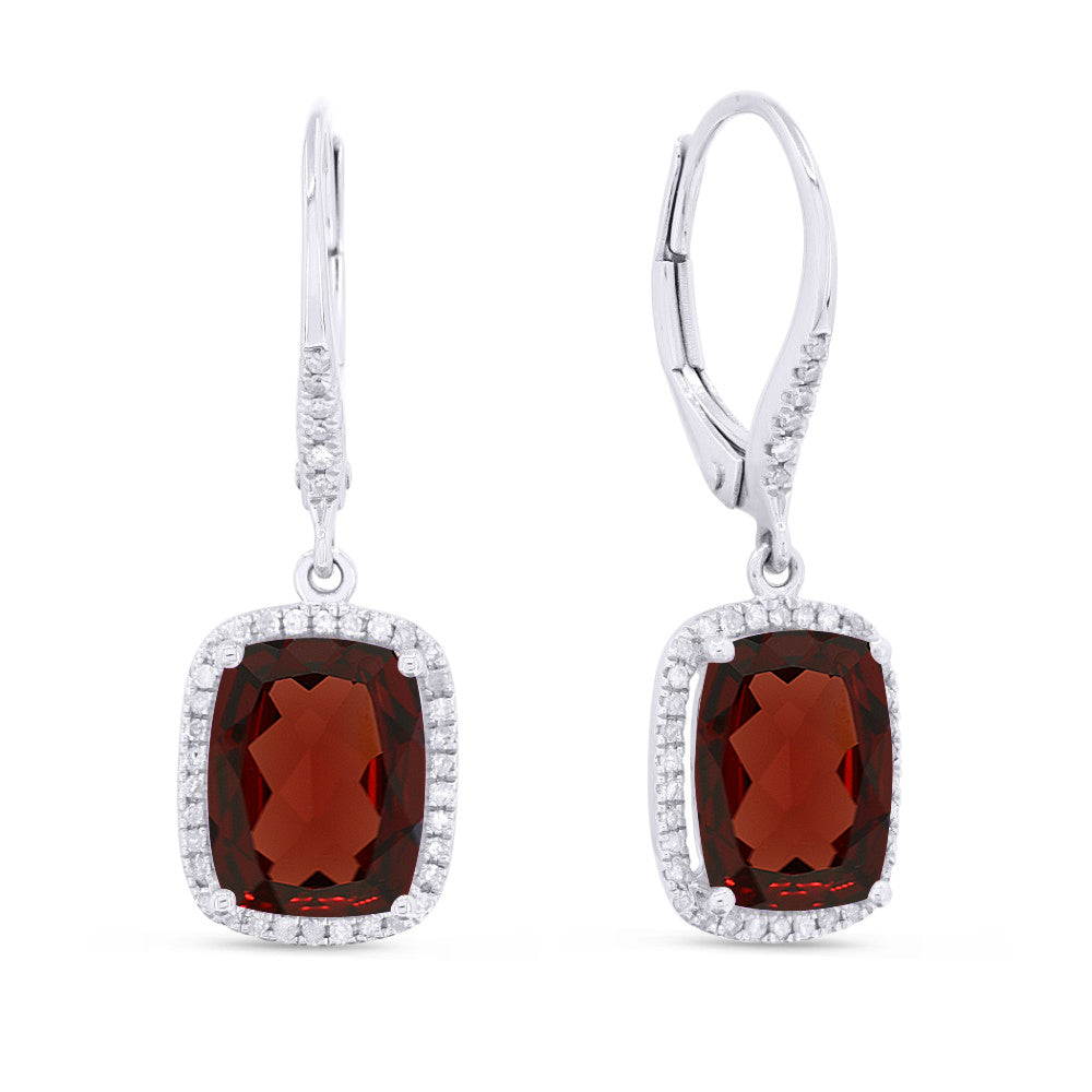 Beautiful Hand Crafted 14K White Gold 7x9MM Garnet And Diamond Essentials Collection Drop Dangle Earrings With A Lever Back Closure