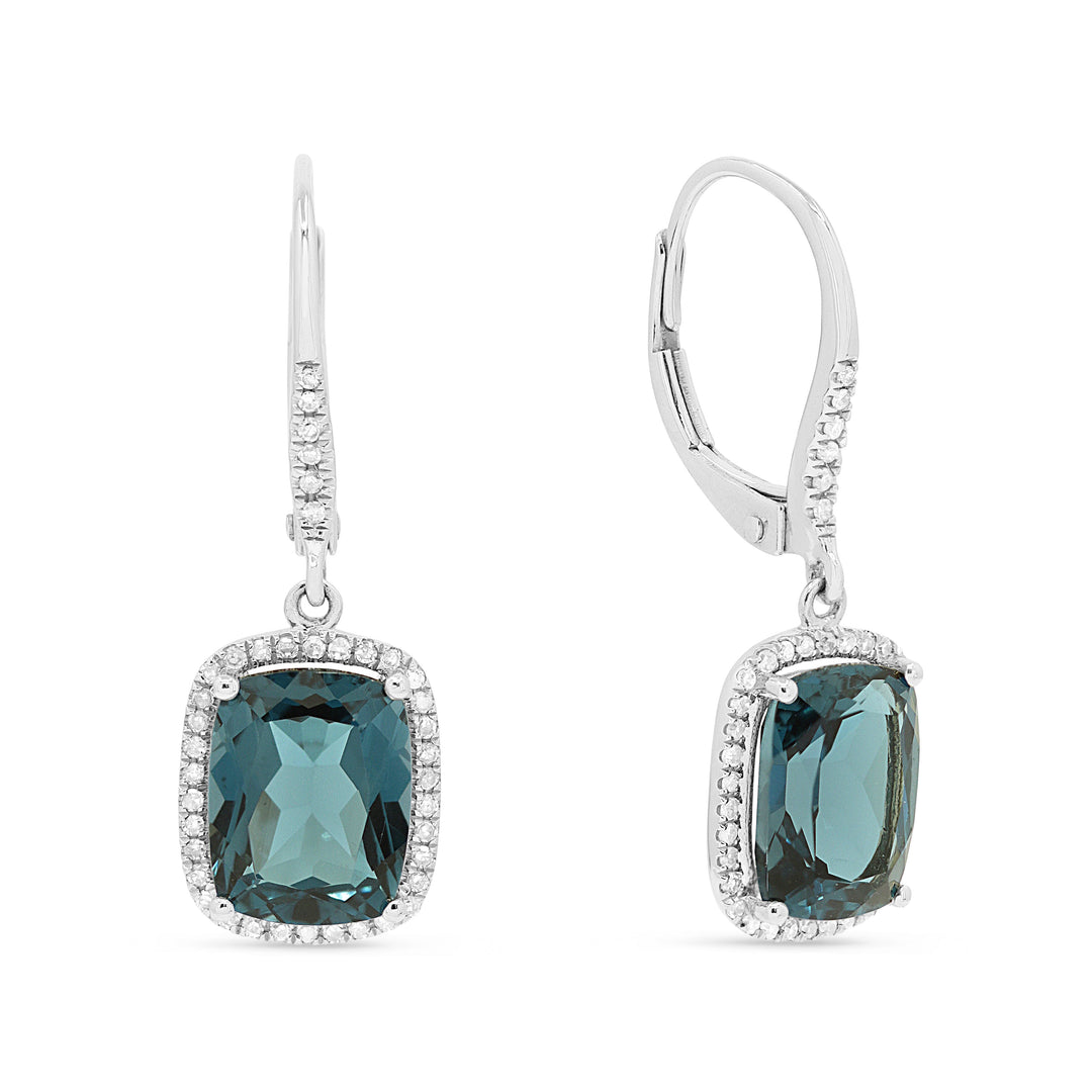 Beautiful Hand Crafted 14K White Gold 7x9MM London Blue Topaz And Diamond Essentials Collection Drop Dangle Earrings With A Lever Back Closure