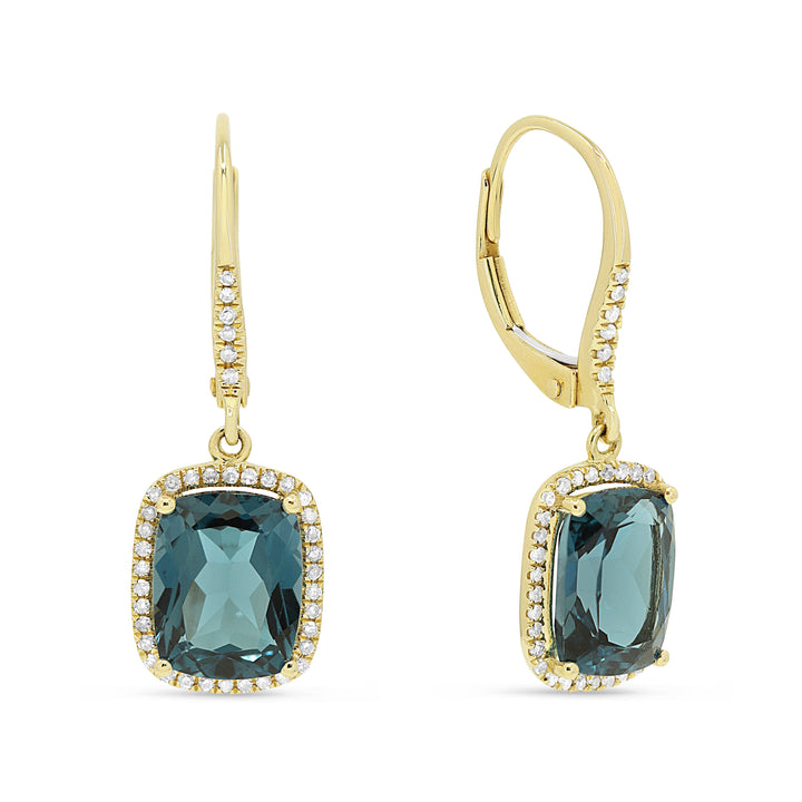 Beautiful Hand Crafted 14K Yellow Gold 7x9MM London Blue Topaz And Diamond Essentials Collection Drop Dangle Earrings With A Lever Back Closure