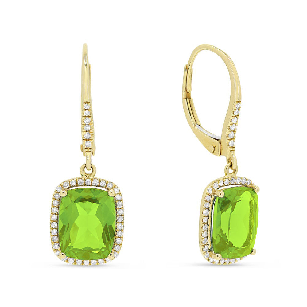 Beautiful Hand Crafted 14K Yellow Gold 7x9MM Peridot And Diamond Essentials Collection Drop Dangle Earrings With A Lever Back Closure
