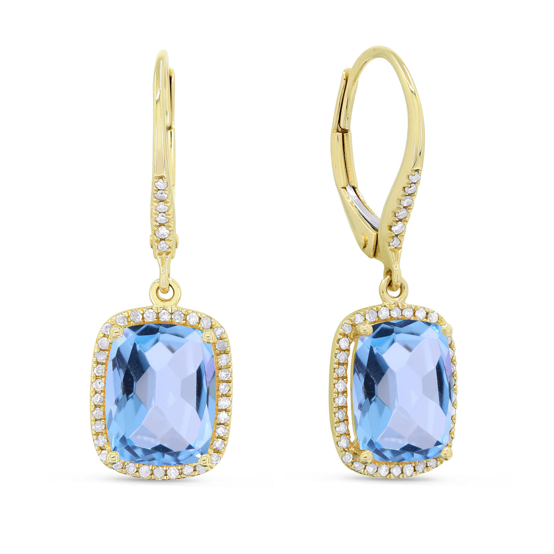 Beautiful Hand Crafted 14K Yellow Gold 7x9MM Swiss Blue Topaz And Diamond Essentials Collection Drop Dangle Earrings With A Lever Back Closure