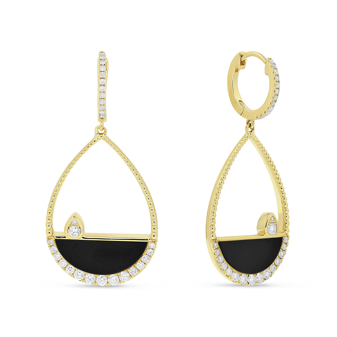 Beautiful Hand Crafted 14K Yellow Gold  Black Onyx And Diamond Milano Collection Drop Dangle Earrings With A Lever Back Closure
