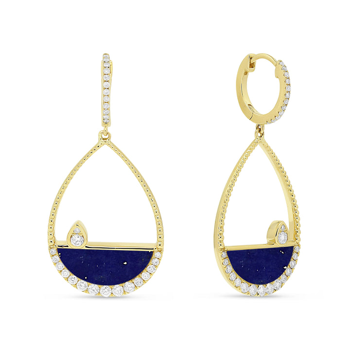 Beautiful Hand Crafted 14K Yellow Gold  Lapis Lazuli And Diamond Milano Collection Drop Dangle Earrings With A Lever Back Closure