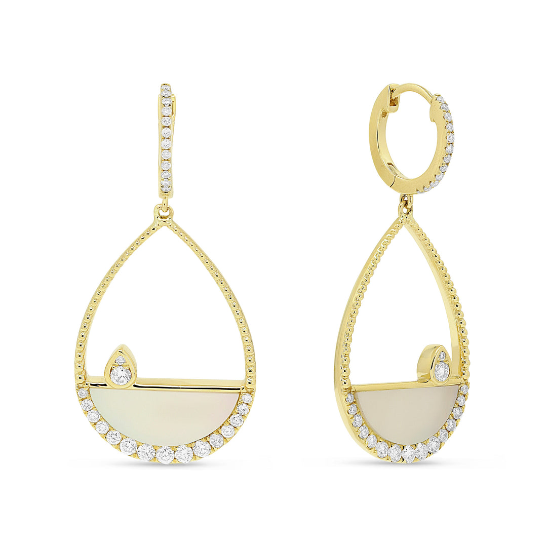 Beautiful Hand Crafted 14K Yellow Gold  Mother Of Pearl And Diamond Milano Collection Drop Dangle Earrings With A Lever Back Closure