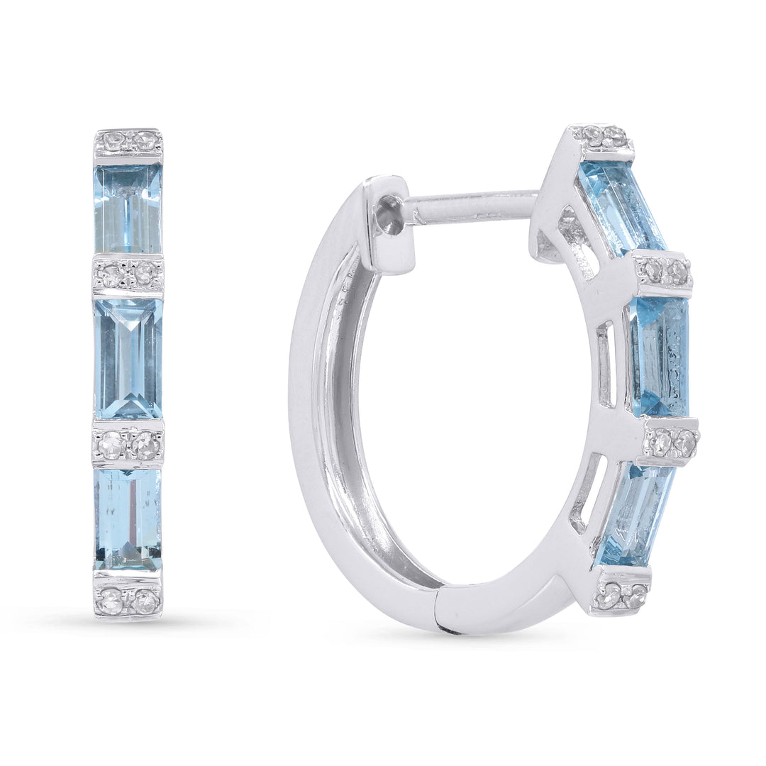 Beautiful Hand Crafted 14K White Gold  Blue Topaz And Diamond Essentials Collection Hoop Earrings With A Hoop Closure