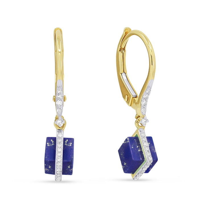 Beautiful Hand Crafted 14K Yellow Gold  Lapis Lazuli And Diamond Stiletto Collection Drop Dangle Earrings With A Lever Back Closure