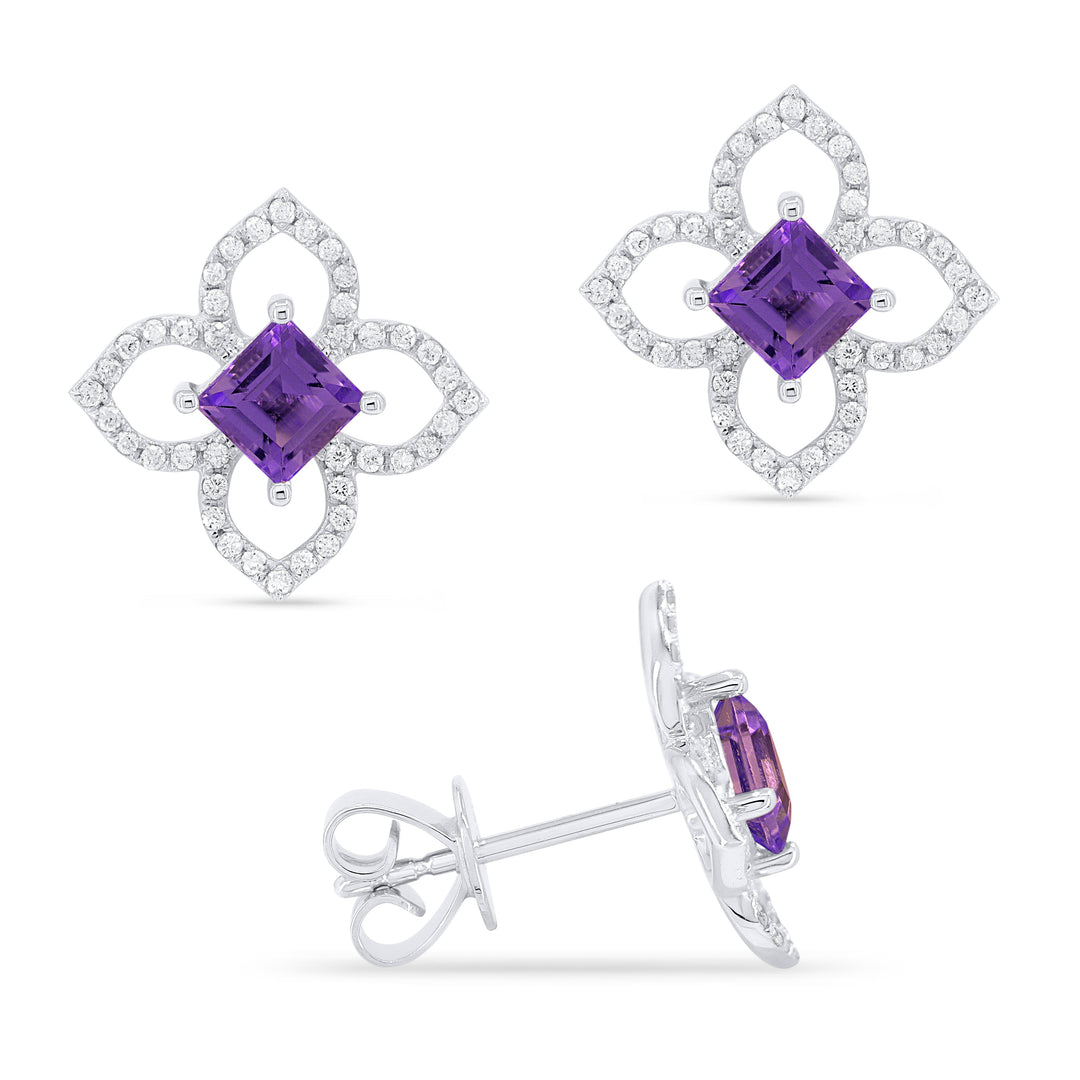 Beautiful Hand Crafted 14K White Gold  Amethyst And Diamond Eclectica Collection Stud Earrings With A Push Back Closure