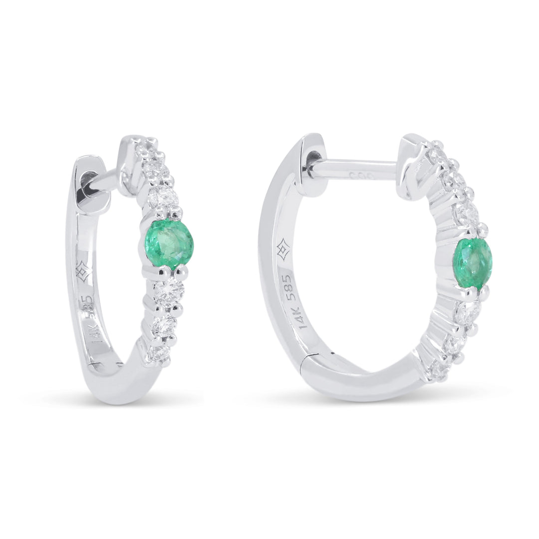 Beautiful Hand Crafted 14K White Gold  Emerald And Diamond Arianna Collection Hoop Earrings With A Hoop Closure