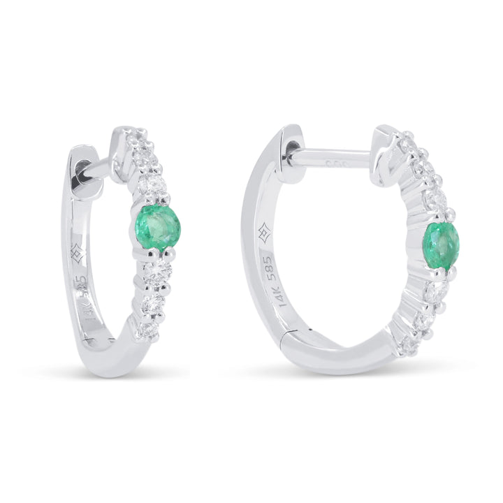 Beautiful Hand Crafted 14K White Gold  Emerald And Diamond Arianna Collection Hoop Earrings With A Hoop Closure